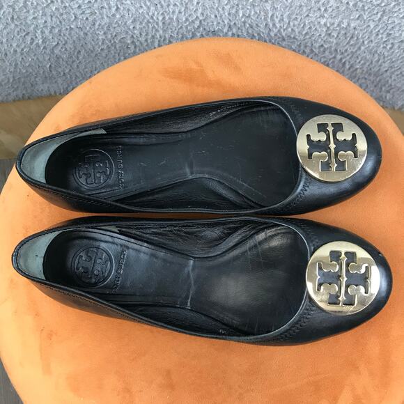 Tory Burch Reva Black Leather Ballet Flats Silver size 7.5 - Picture 2 of 8